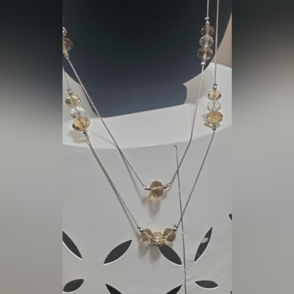 Two-strand Silver/Tan Crystal Bead Necklace. Extra Long 🌴 - Picture 9 of 10